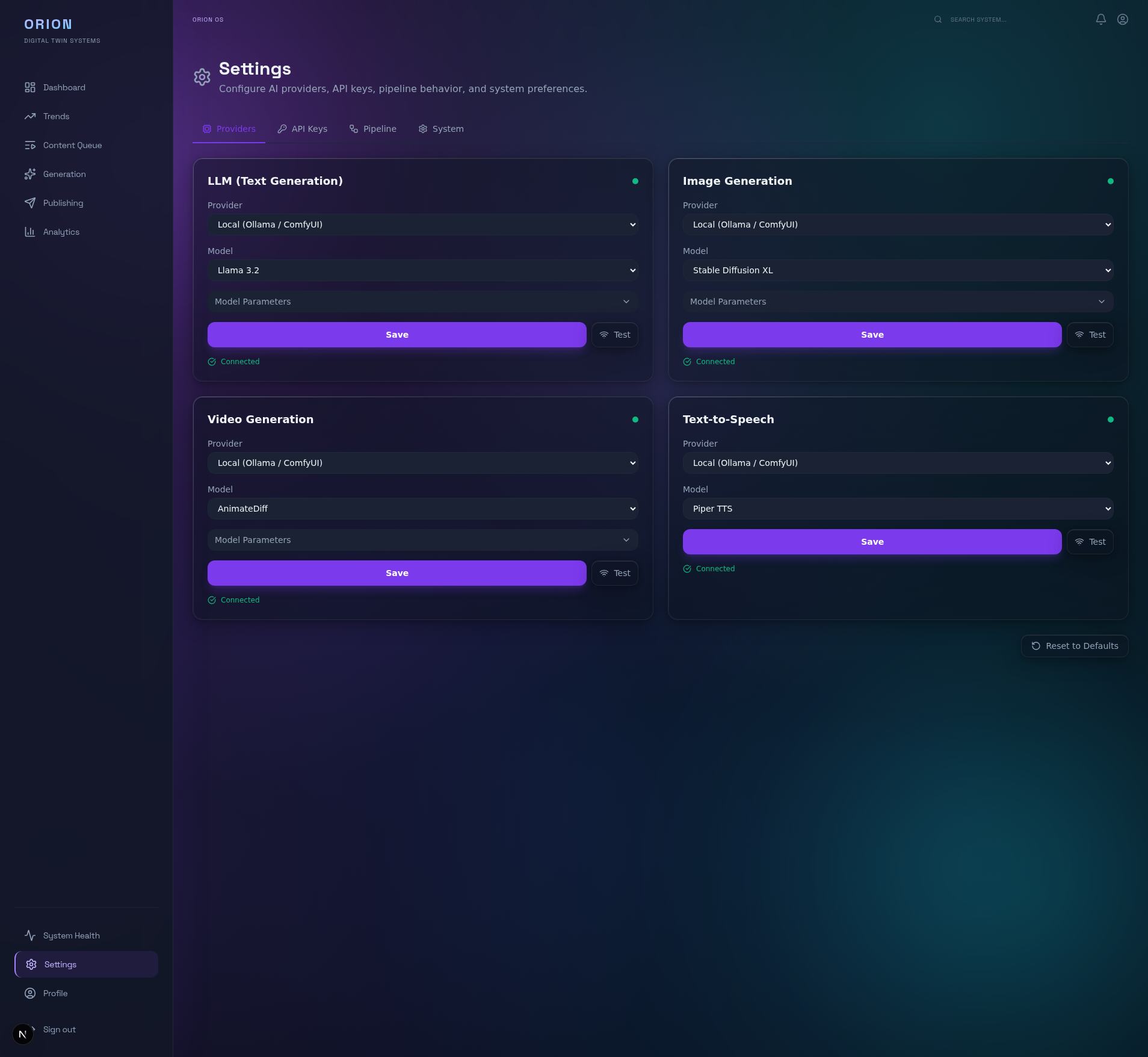 Settings Providers tab